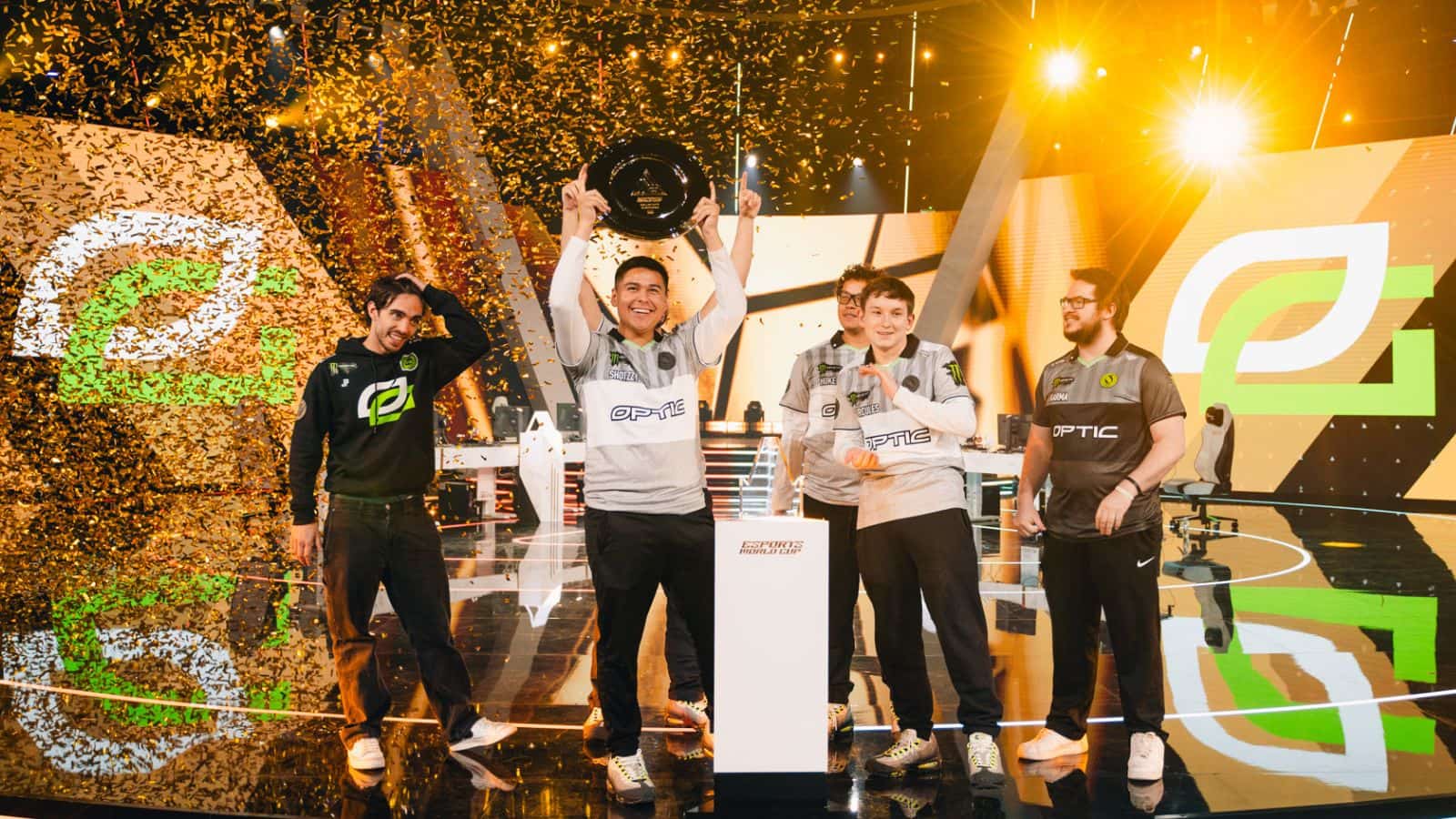 Shotzzy lifts the trophy as OpTic Gaming win the Black Ops 6 Esports World Cup 2025 tournament.