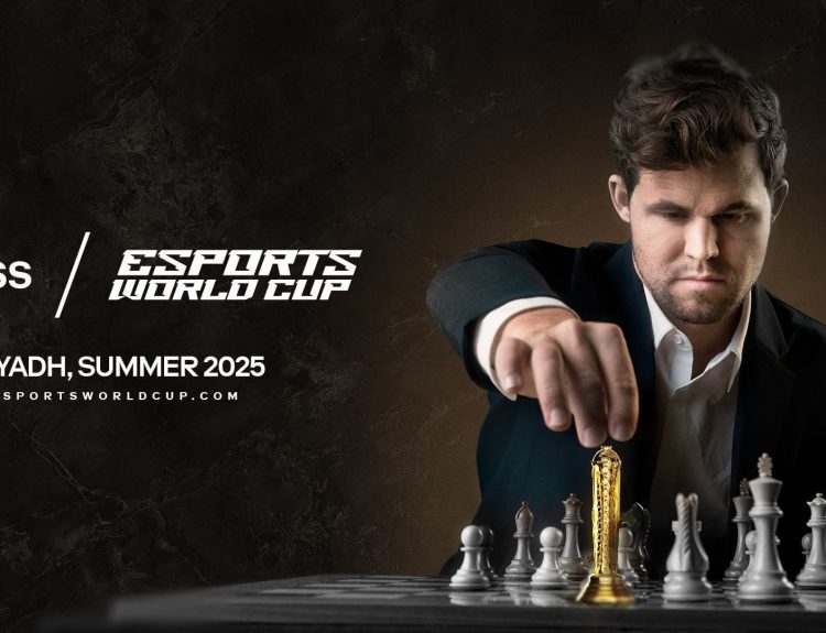 Magnus Carlsen about to move a piece in key image for Esports World Cup Chess tournament.