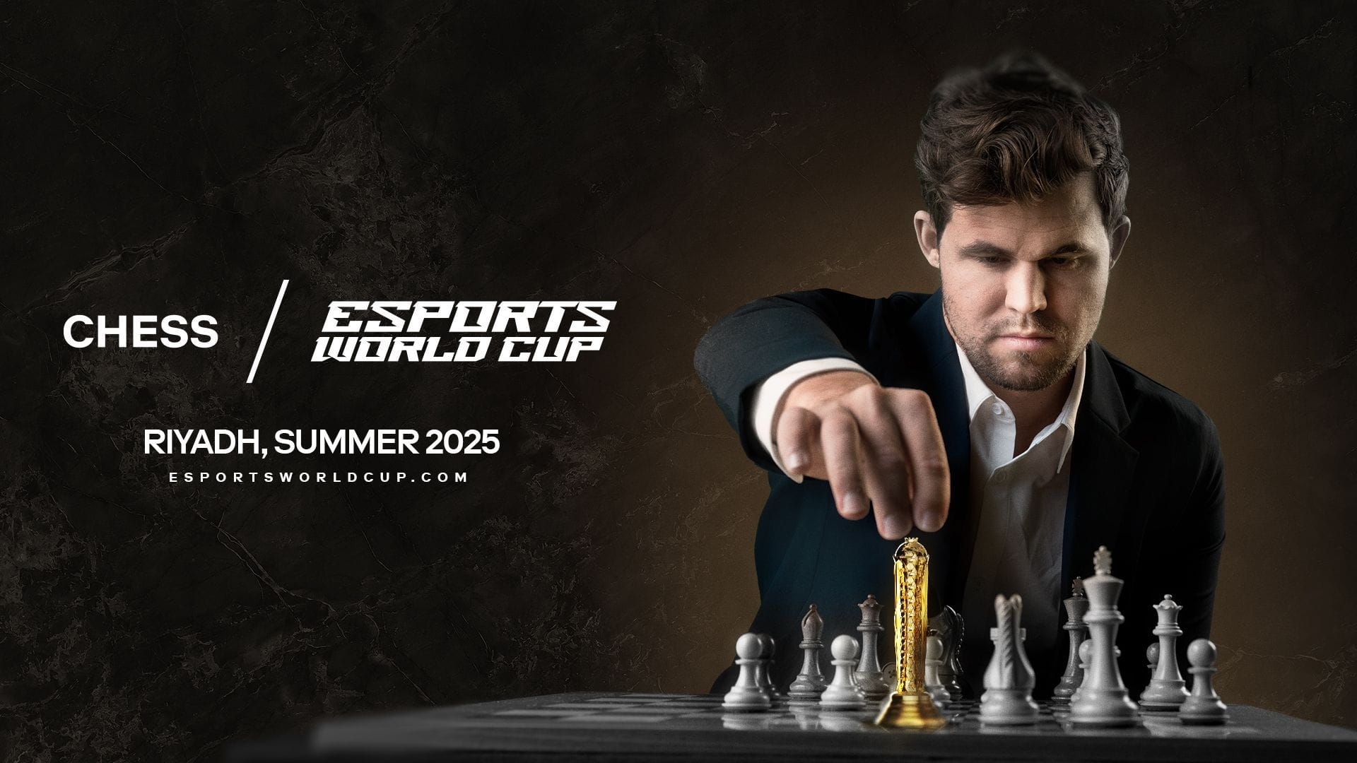 Magnus Carlsen about to move a piece in key image for Esports World Cup Chess tournament.