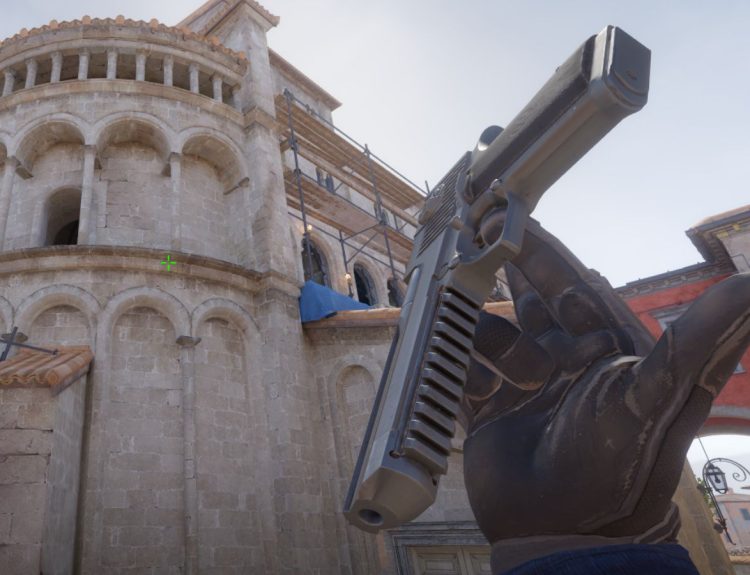 Switching to the Deagle while facing the Church on Inferno B site in CS2.