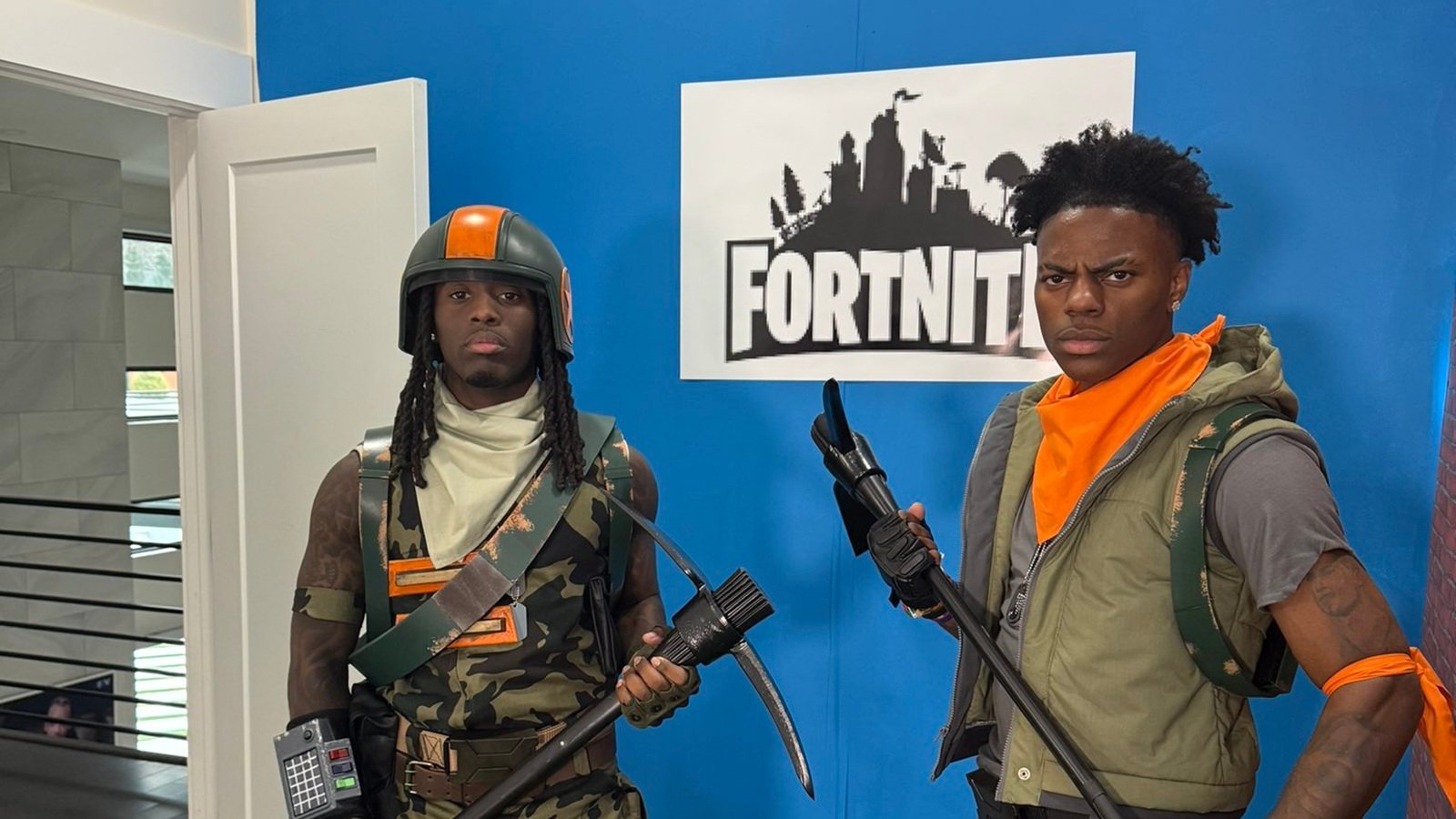 Image featuring IShowSpeed and Kai Cenat cosplaying as Fortnite characters.