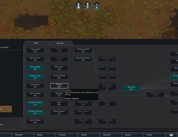 a screenshot of Fishing within the Research tab in RimWorld Odyssey