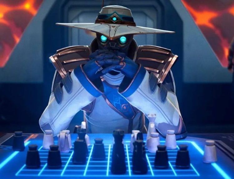 Cypher playing chess with two agents behind him in VALORANT