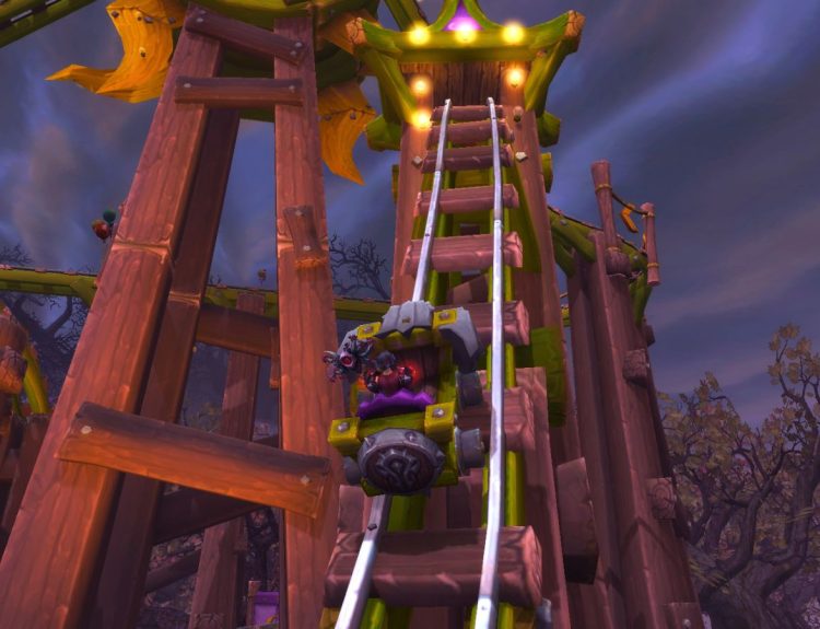 Character going up a rollercoaster in World of Warcraft's Darkmoon Faire.