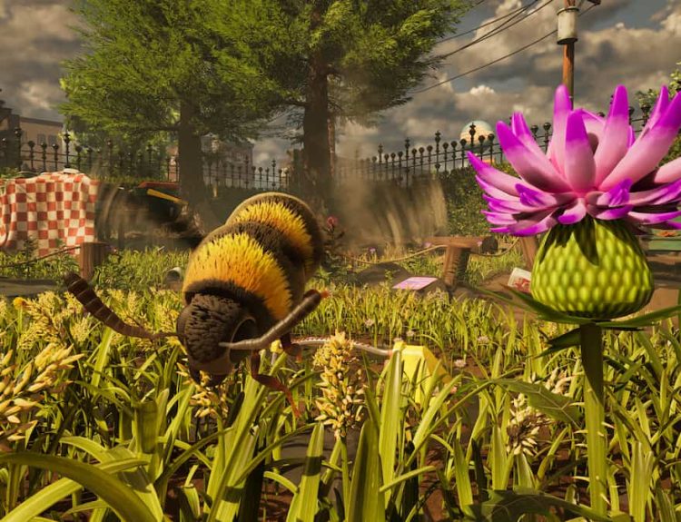 Picture showing a Bee flying near a flower in Grounded 2.