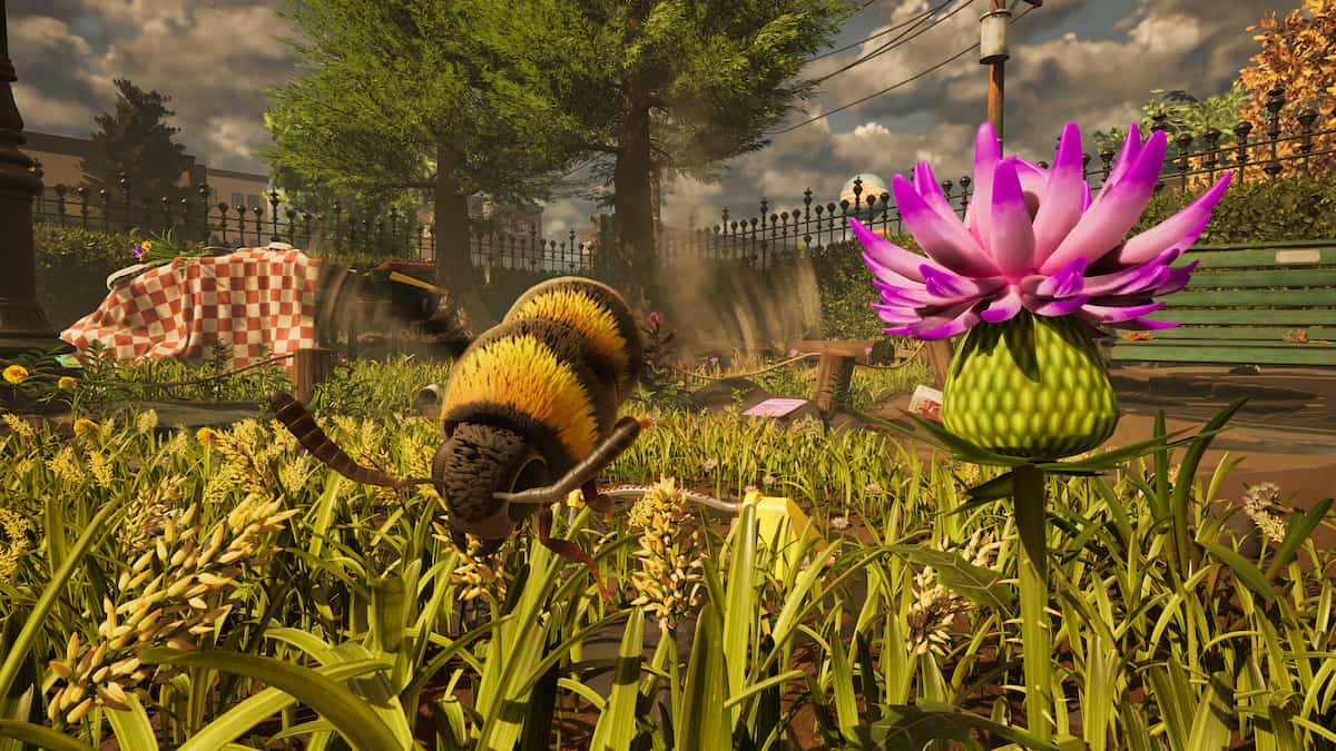 Picture showing a Bee flying near a flower in Grounded 2.