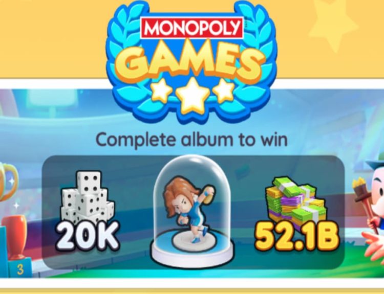 Mr. M in blue top hat and trophies with Monopoly GO rewards dice, token, and cash