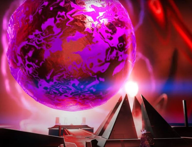 An image of the Atlas from No Man's Sky, corrupted by the purple Atlantideum. This massive red sphere has some important lore.