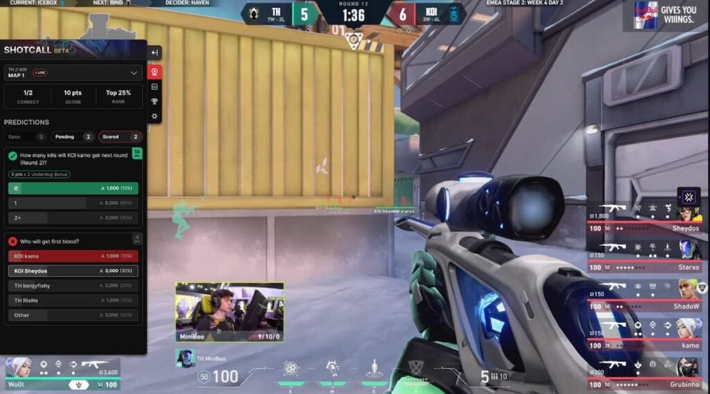 A snapshot of a VCT VALORANT matchup, featuring the new Shotcall prediction tool on the left.