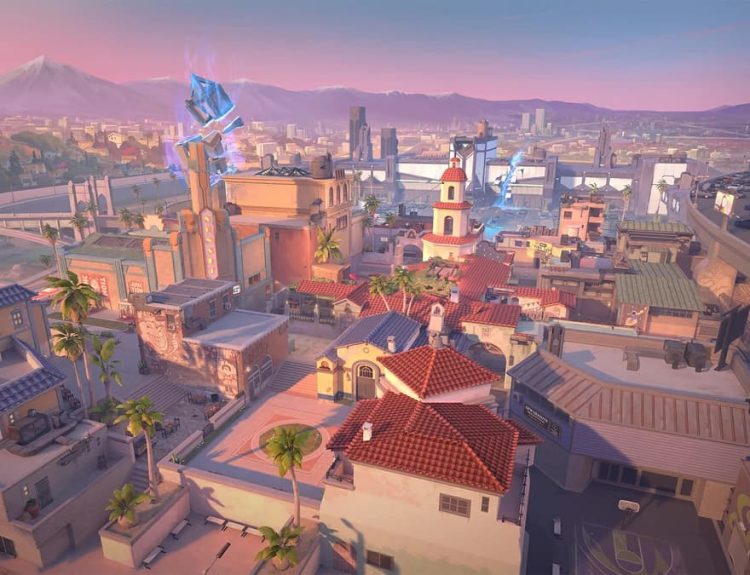 A shot of the Sunset map in VALORANT, overlooking the whole area.
