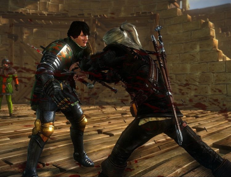 Screenshot from The Witcher 2 of Geralt killing Aryan La Valette in a duel.