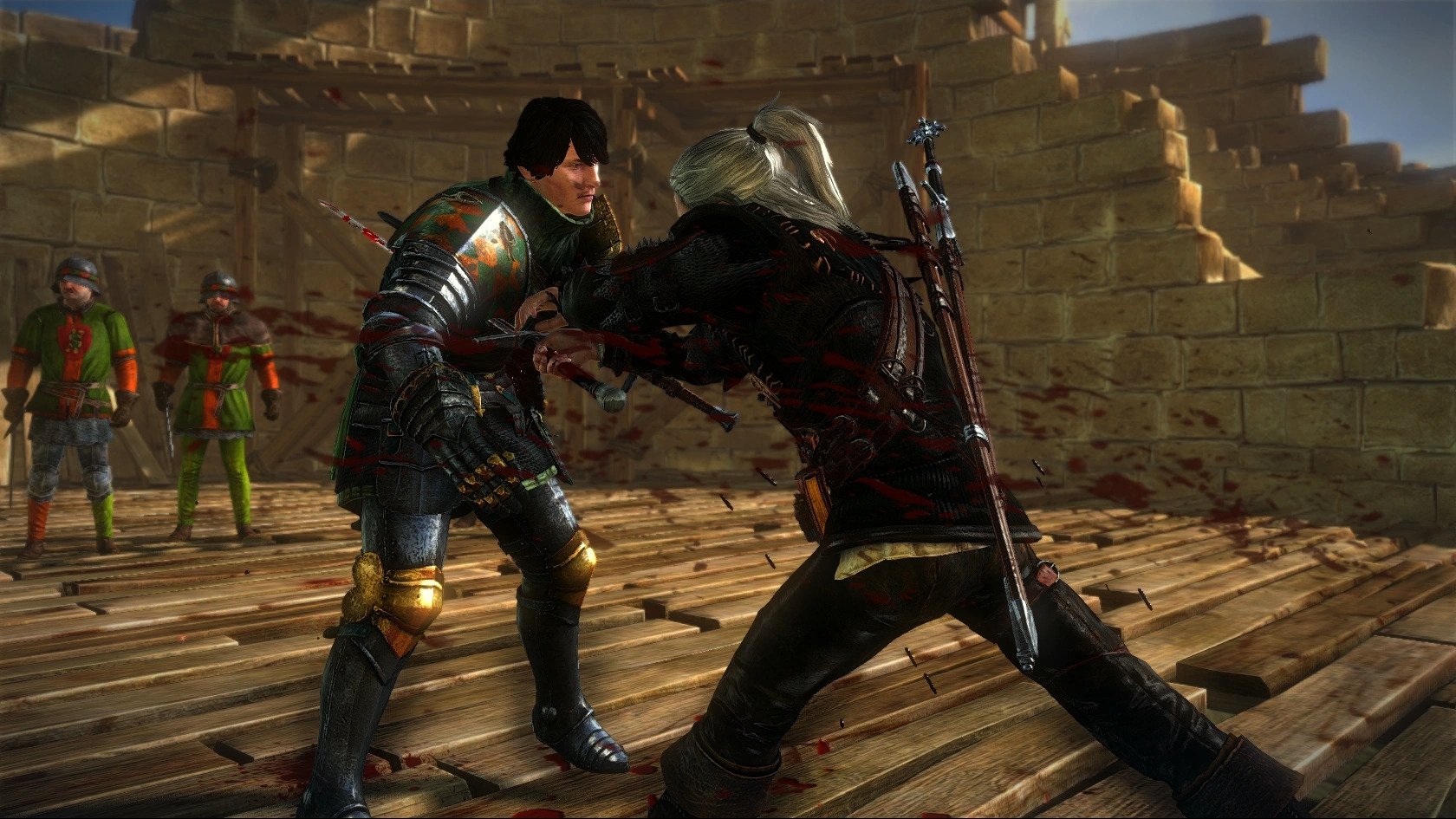Screenshot from The Witcher 2 of Geralt killing Aryan La Valette in a duel.