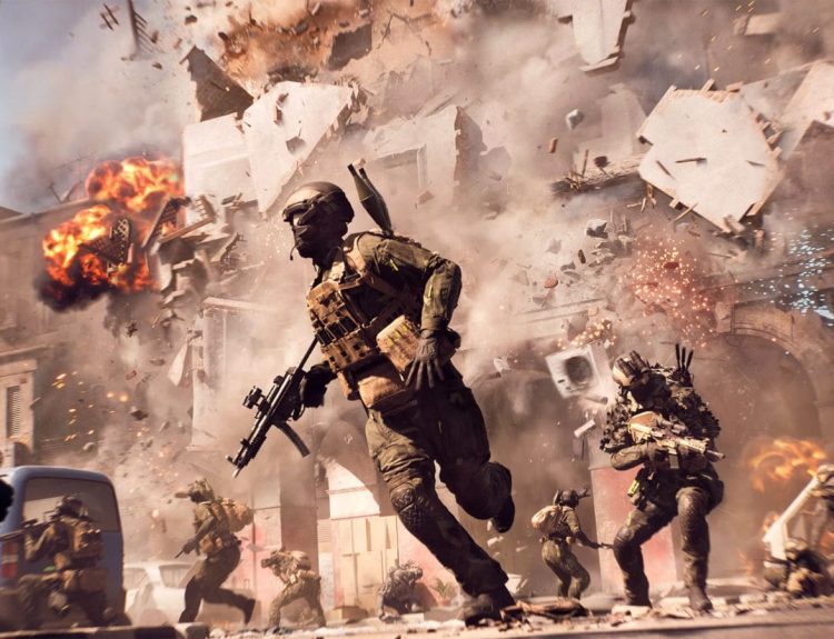 Soldiers fighting with a collapsing building behind in Battlefield 6.
