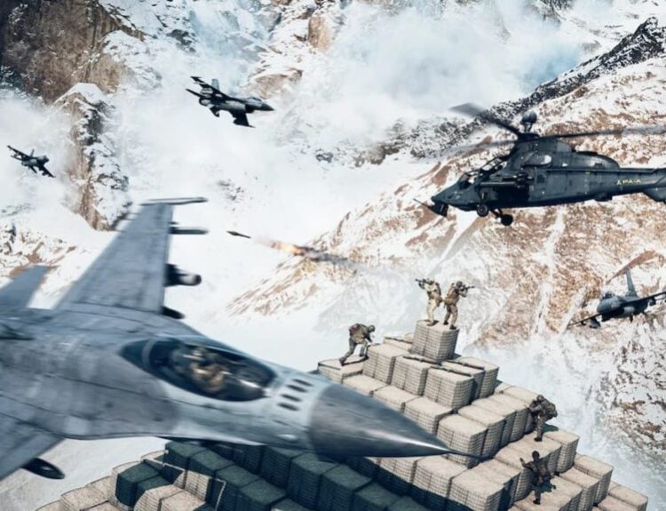 Planes surrounding a hill with soldiers