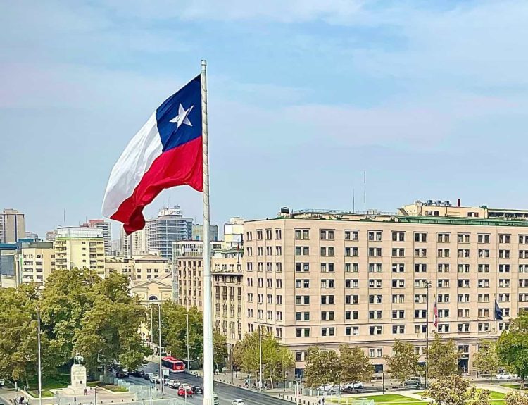 Chile flag in the middle of a city.