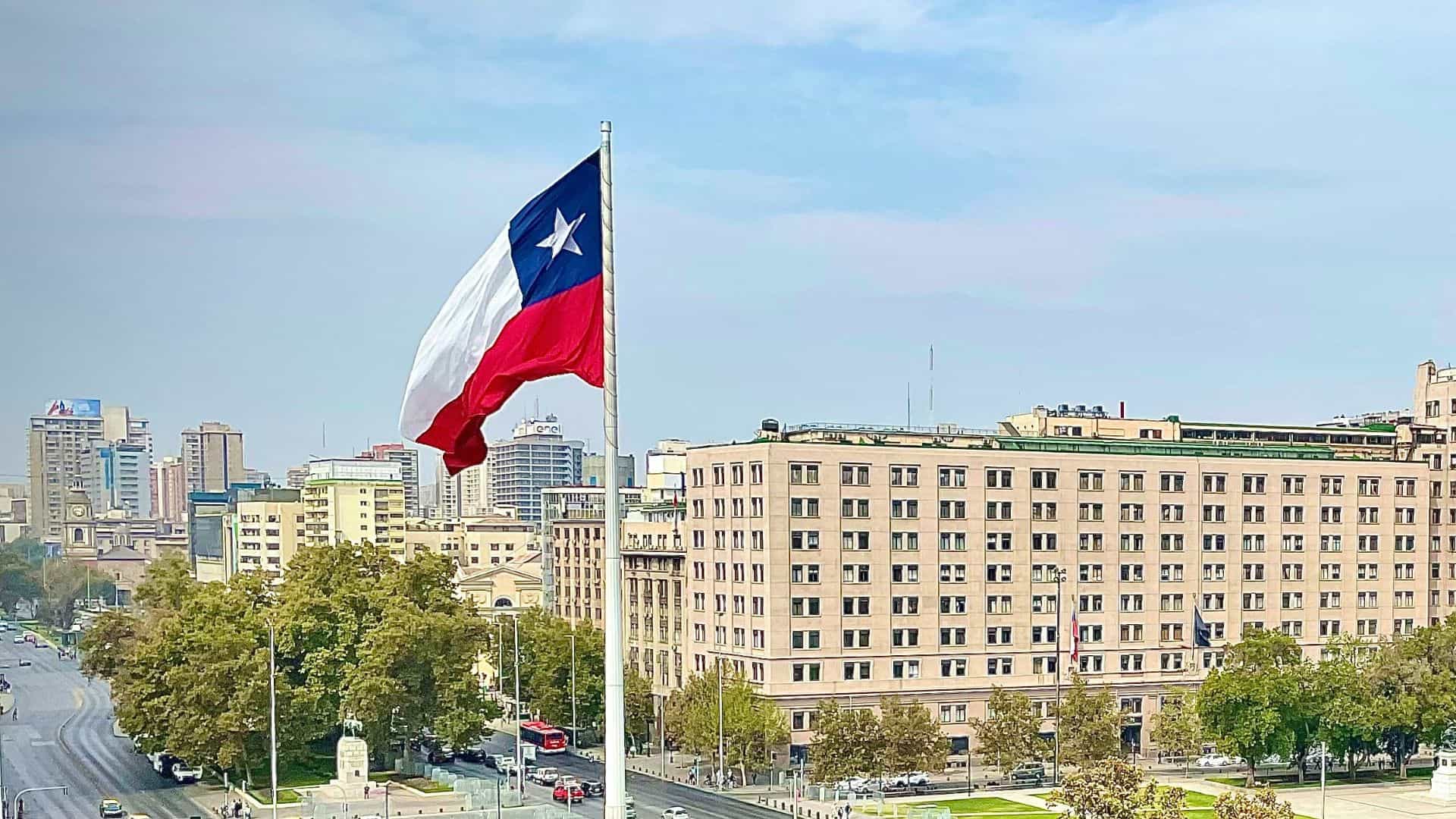 Chile flag in the middle of a city.