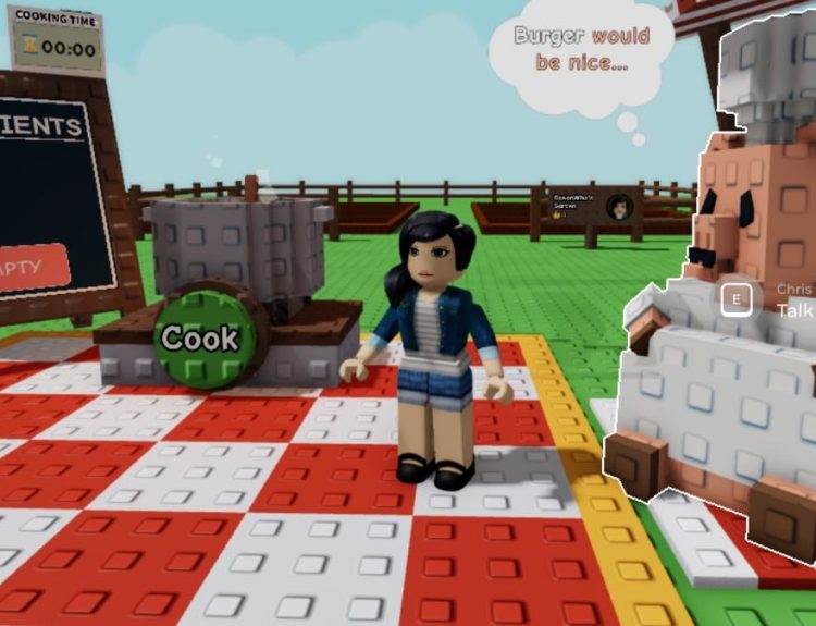 a pig chef and a roblox character cooking