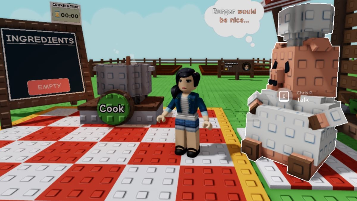 a pig chef and a roblox character cooking
