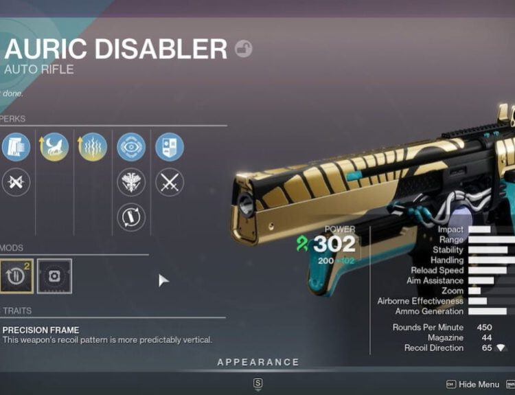 Auric Disabler roll in Destiny 2