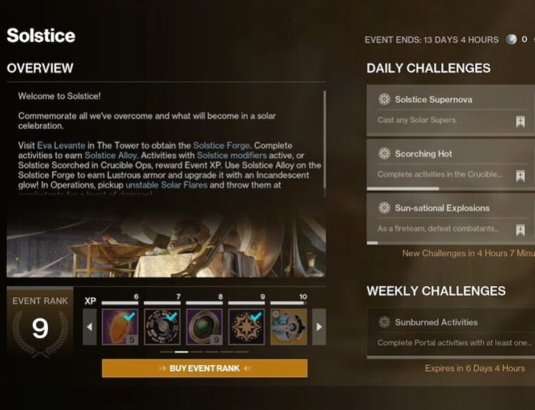 Solstice event menu in Destiny 2