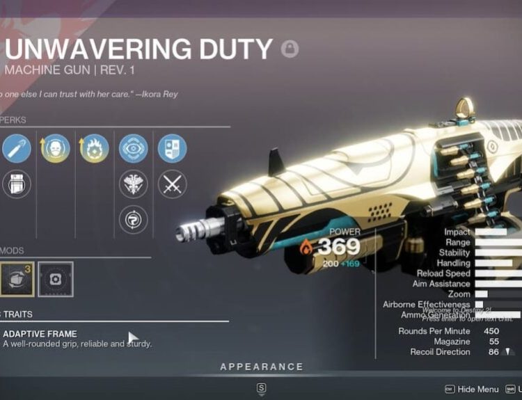 Unwavering Duty machine gun roll in Destiny 2
