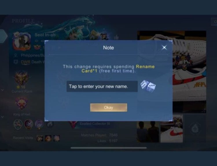Name change prompt in MLBB, stating that you need a Rename Card but free if you're doing it for the first time.