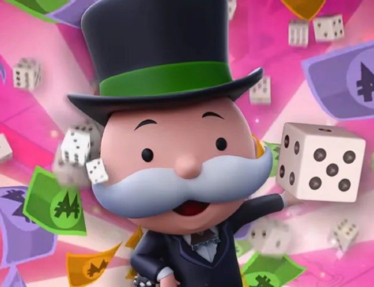 The Monopoly mascot surrounded by dice and cash