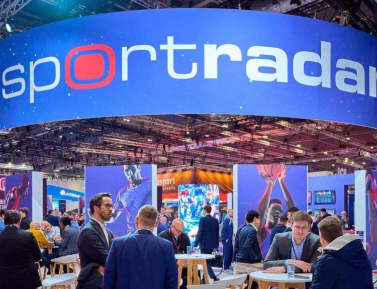 Sportradar brand name displayed at the ICE London 2024.