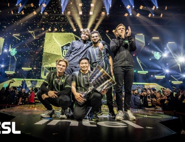 image featuring the dota 2 roster of Team Falcons after winning ESL One Birmingham.