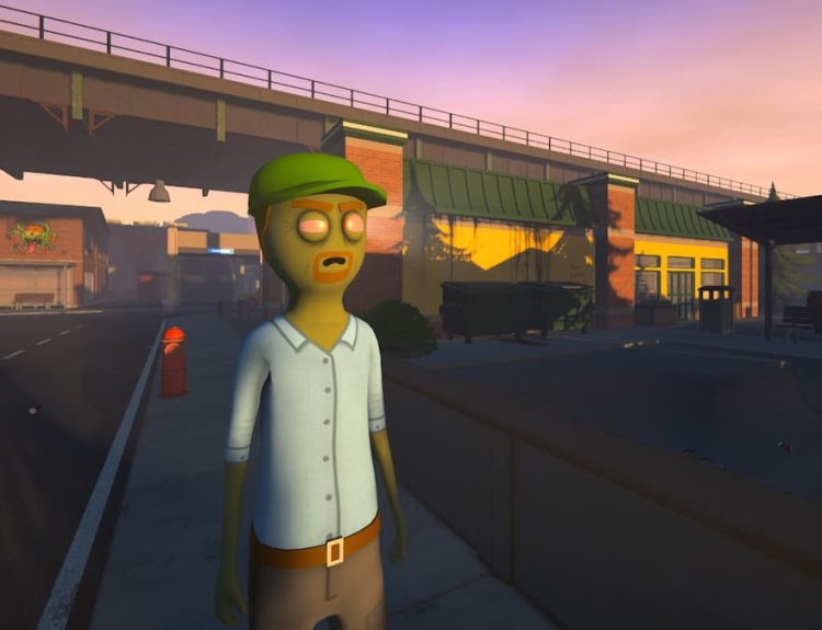 A man in a hat turned into a zombie and standing next to a skate park in Schedule 1.