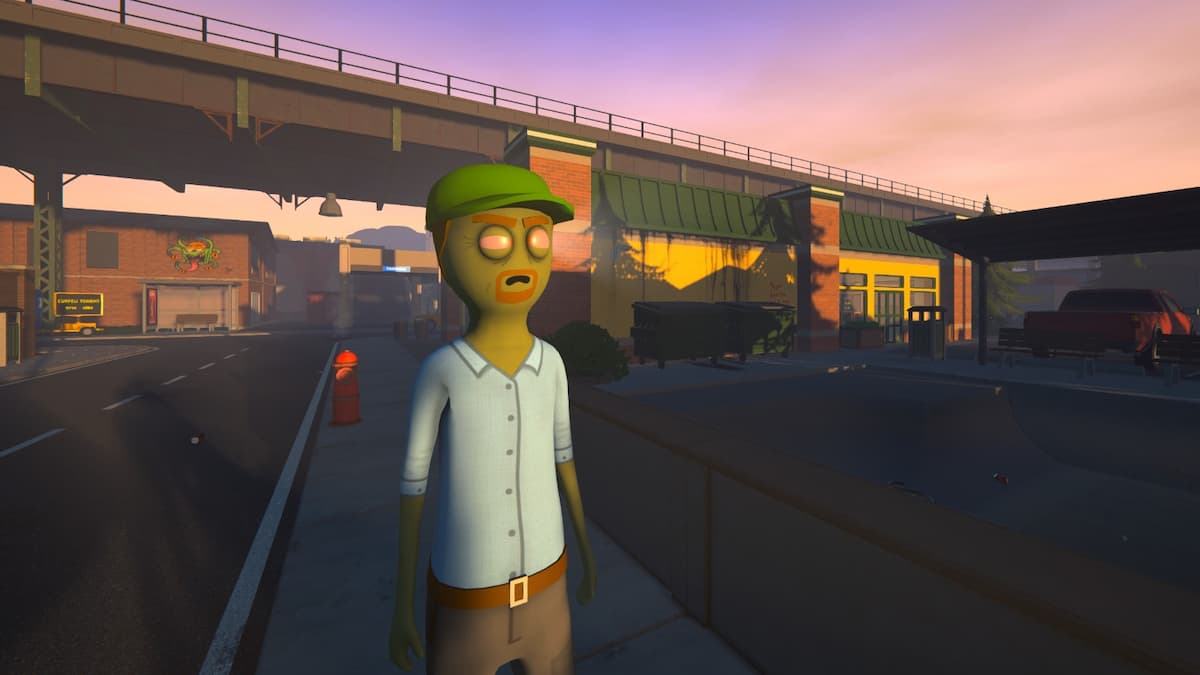 A man in a hat turned into a zombie and standing next to a skate park in Schedule 1.