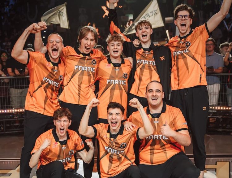 Fnatic are seen onstage after advancing to the upper finals at VALORANT Champions Paris Playoffs Stage Day 4 at Les Arènes de Grand Paris Sud on September 28, 2025 in Paris, France