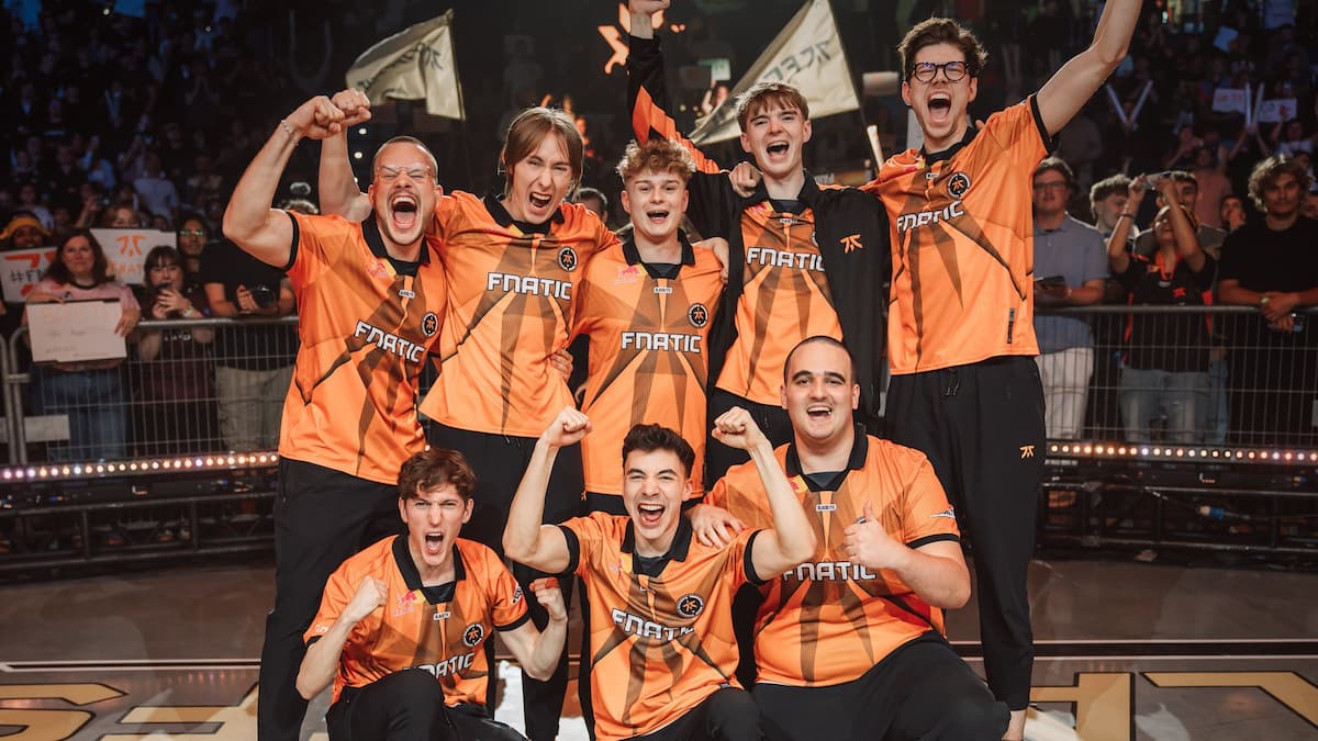 Fnatic are seen onstage after advancing to the upper finals at VALORANT Champions Paris Playoffs Stage Day 4 at Les Arènes de Grand Paris Sud on September 28, 2025 in Paris, France