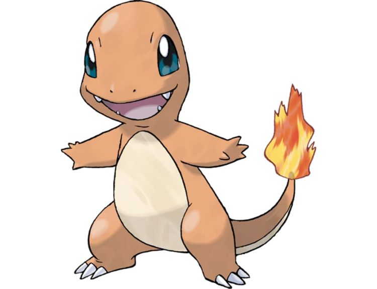 Charmander, a salamander with a fiery tail, stands on its hind legs.