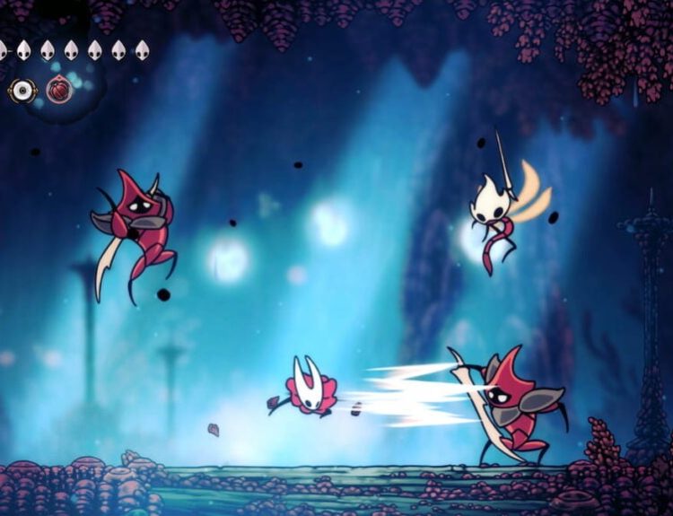 Picture showing player fighting ninja enemies in Hollow Knight Silksong.