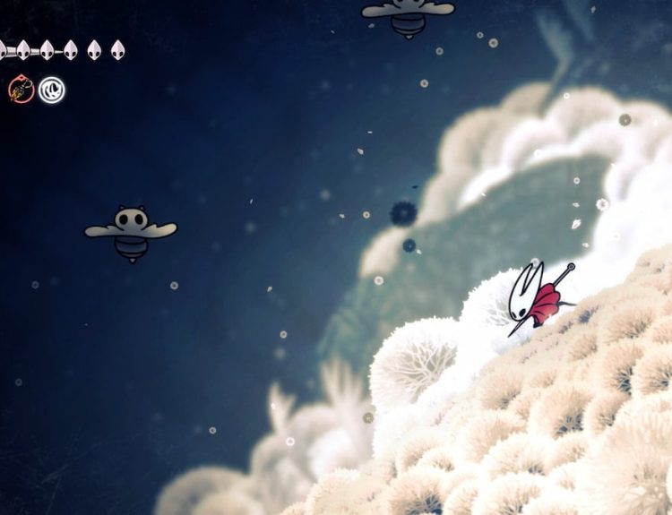 Picture showing player on a cloud with rosary strings in Hollow Knight Silksong.