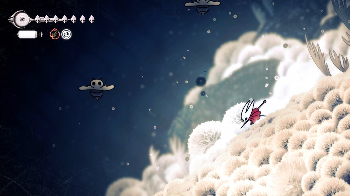 Picture showing player on a cloud with rosary strings in Hollow Knight Silksong.