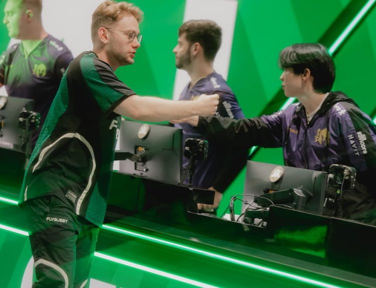 Inspired (L) fist bumps Vivo Keyd Stars after their match during LTA Split 3 Playoffs Week 2 Day 1 at the Riot Games Arena on September 20, 2025 in Los Angeles, California.