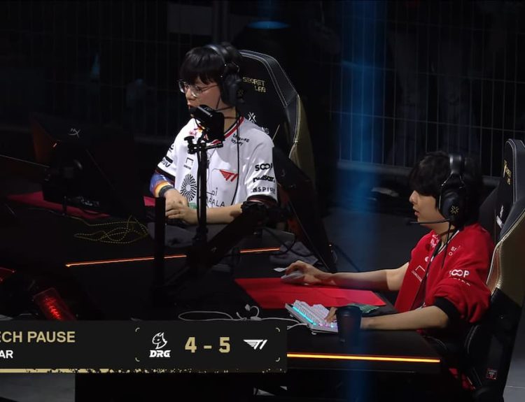 T1 VALORANT players during a tech pause at Champions Paris