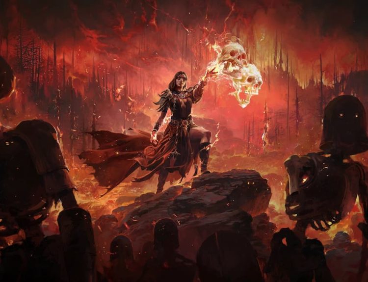 The Witch from Path of Exile 2 ascended as an Infernalist standing in a hellish scape wearing red robes and commanding flaming skulls.