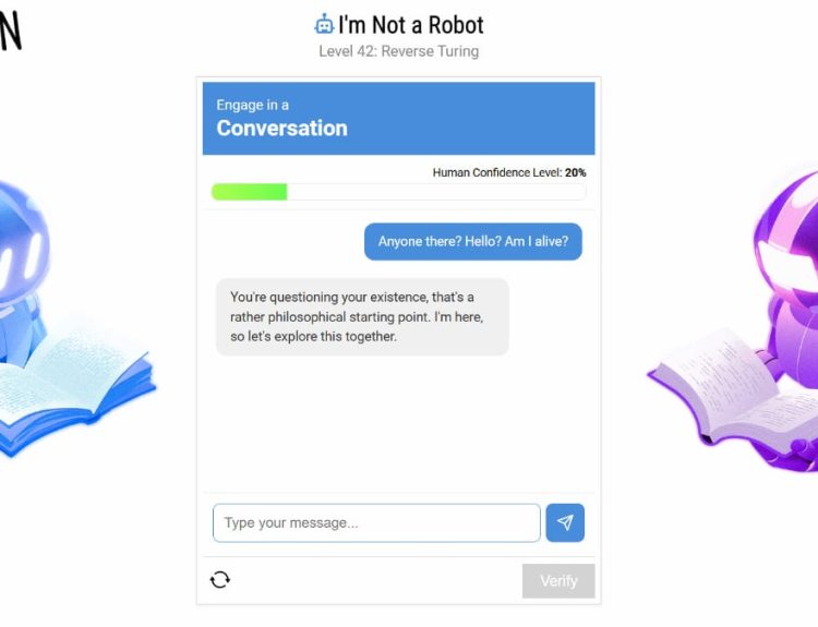 Picture showing cover with a conversation in reverse turing test in I'm not a Robot.