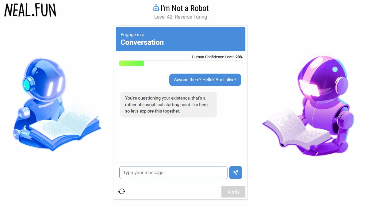 Picture showing cover with a conversation in reverse turing test in I'm not a Robot.