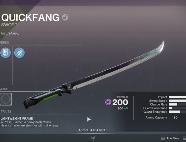 Quickfang sword roll in Destiny 2