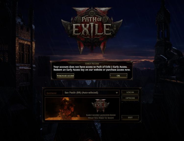 The Path of Exile 2 login screen with the message that "your account does not have access to Path of Exile 2 early access."