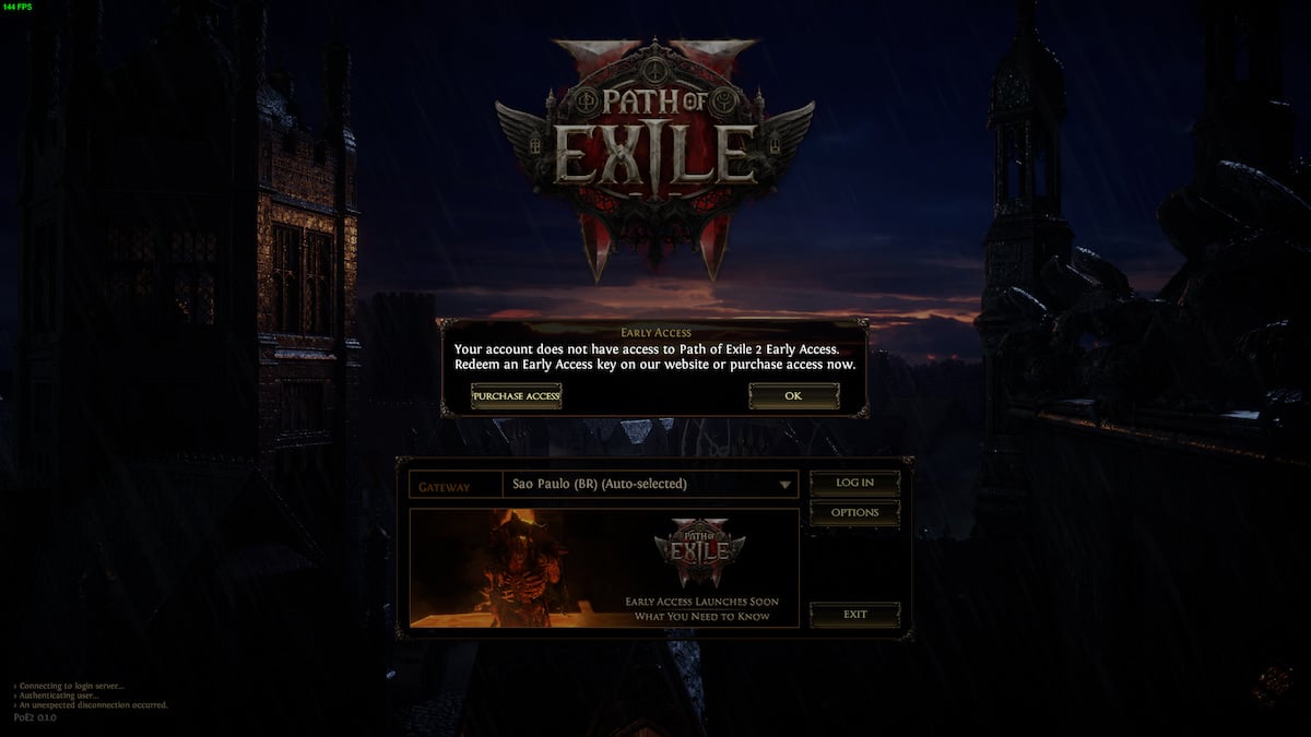 The Path of Exile 2 login screen with the message that "your account does not have access to Path of Exile 2 early access."