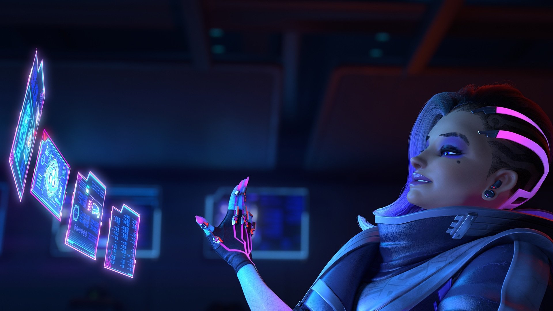 Sombra in Overwatch sitting on front of a hyperfuturistic, holographic PC.