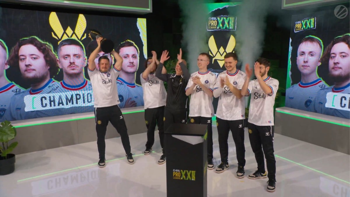 CS2 ESL Pro League Season 22 winner, Team Vitality, with the trophy