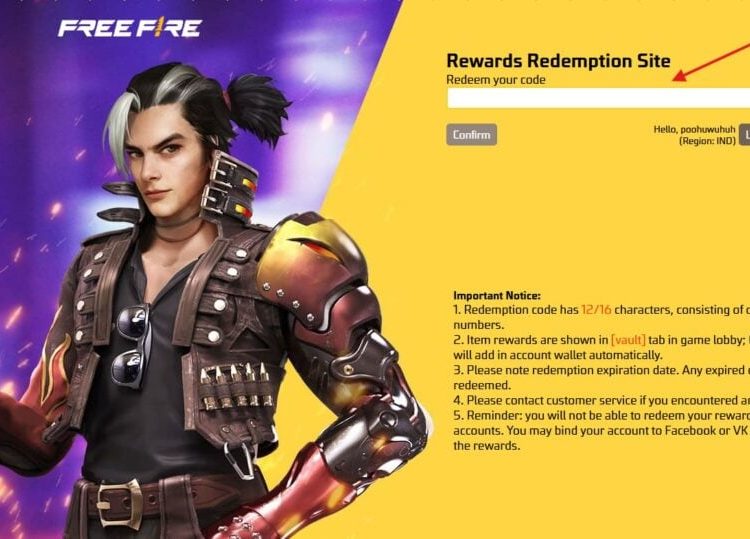 the official code redemption page for Garena Free Fire