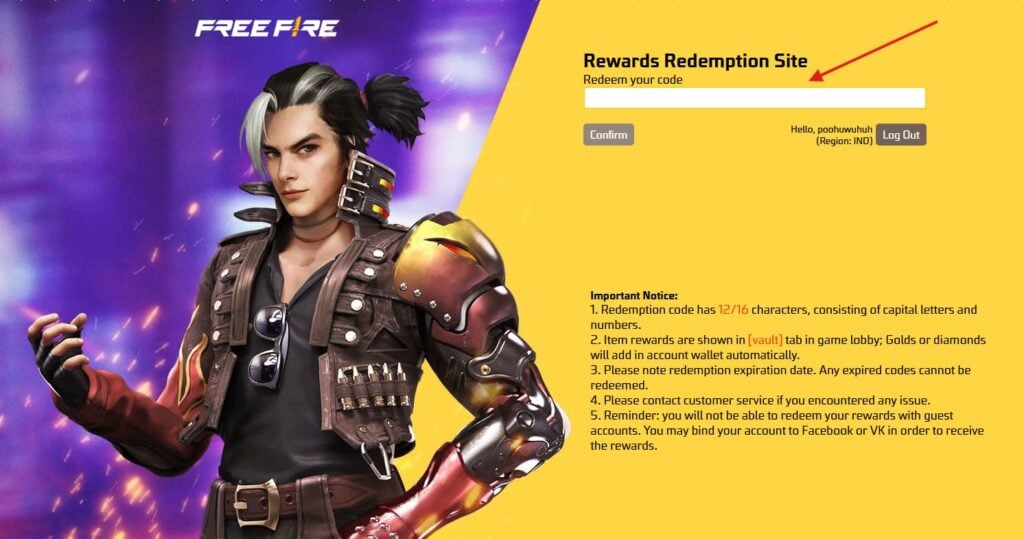 the official code redemption page for Garena Free Fire