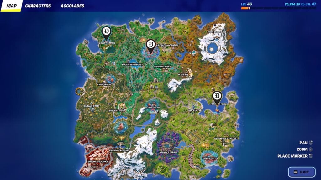 Picture showing bosses location on map in Fortnitemares 2025.